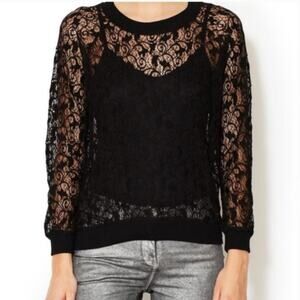 Rebecca Taylor Unlined Floral Lace Long Sleeve Sheer Sweater Top in Black XS